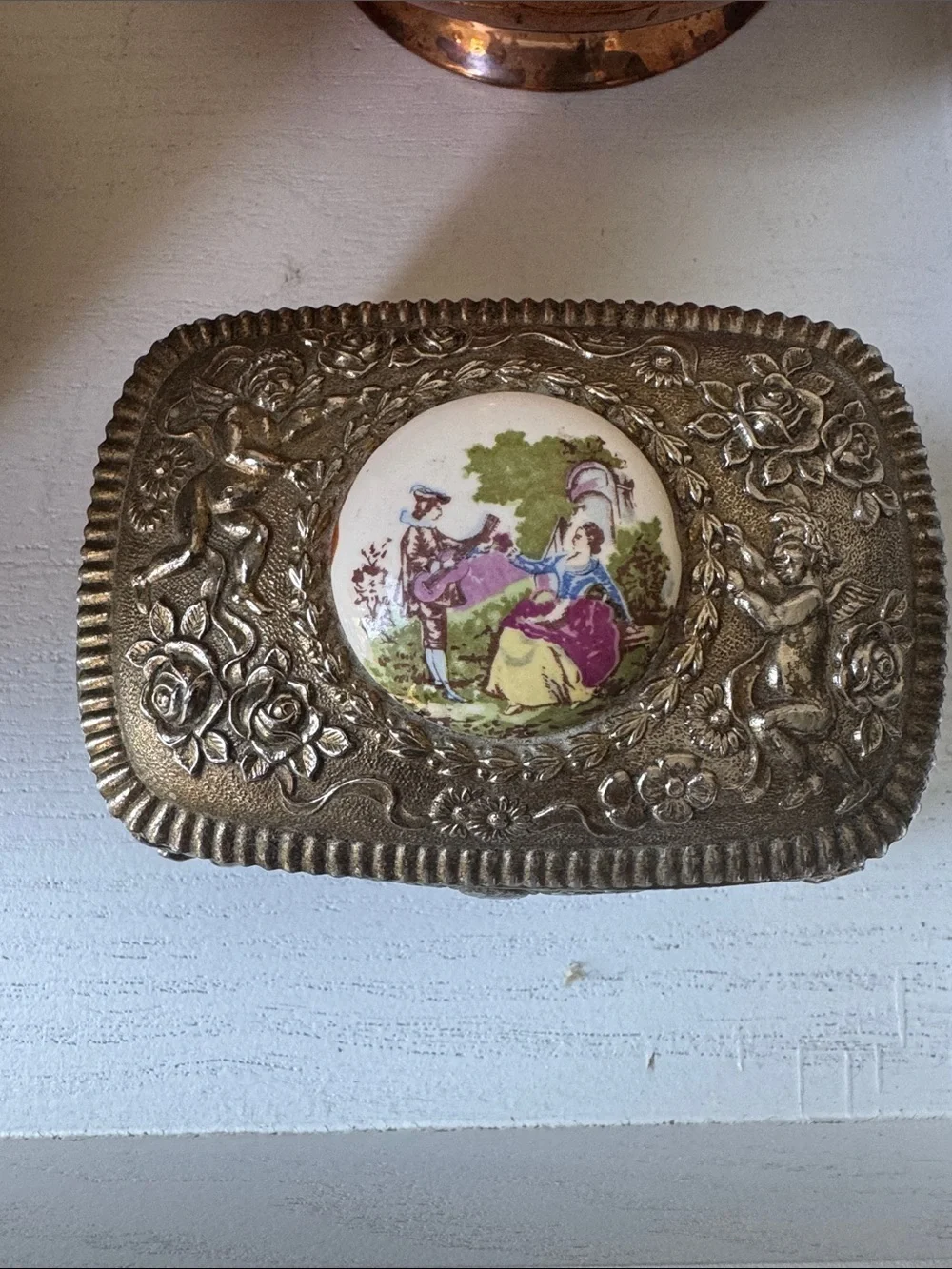 Farrington mid-century footed metal jewelry box.
